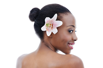 Image showing Black woman, skin and flower for natural beauty, wellness and dermatology with nature on white background. Orchid, eco friendly cosmetics and body care with profile and clean skincare in studio