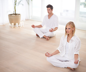 Image showing Lotus hands, meditation and people on a floor for peace, zen and mental health, wellness or balance. Mindfulness, relax and couple with holistic, breathing or energy exercise for spiritual awareness