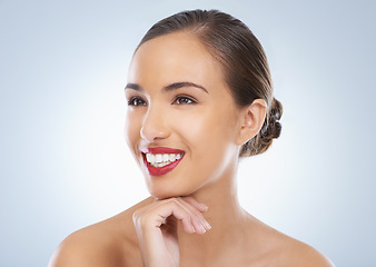 Image showing Smile, makeup and young woman in studio with natural, cosmetic and face routine with red lipstick. Self care, confident and female model with facial cosmetology treatment by gray background.