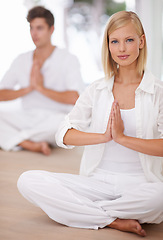 Image showing Yoga, meditation and portrait of couple in prayer pose for zen wellness, mindfulness and training in home. Mental health, peace and man and woman on floor for yogi, holistic healing and calm energy