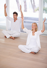 Image showing Yoga, meditation and couple do pilates in home for zen wellness, mindfulness and training. Fitness, exercise and man and woman balance in house for holistic healing, meditate and healthy mindset