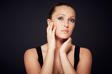 Image showing Skincare, portrait and woman in studio for dermatology, shine or wellness treatment on black background. Cosmetic, beauty and female model with hands on face for glowing skin, detox or self care