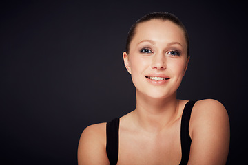 Image showing Makeup, portrait or happy woman in studio for beauty, shine or wellness treatment on black background. Cosmetic, beauty or lady model face with glowing skin confidence, glamour or result satisfaction