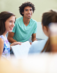 Image showing Students, man in portrait and classroom for education, learning and knowledge in university or college. Young people with smile, teacher notes and information for lecture, scholarship or studying