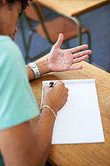 Image showing Student, writing and cheating in exam with hands for answers, math solution or knowledge in classroom. Person or liar with test paper, wrong formula or problem solving of information with ink on palm