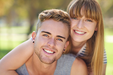 Image showing Portrait, sunshine and couple with love, hug and happiness with marriage and bonding together. Face, embrace and man with woman and relationship with romance and outdoor for a date with fun in a park