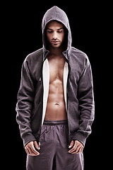 Image showing Fashion, body or fitness man with hoodie, jacket or gym, clothes or style choice in studio on black background. Exercise, chest and confident, muscular or active model with comfortable workout outfit