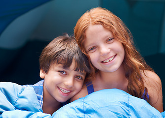 Image showing Camping, portrait and children hug in a tent sleeping bag with love, care and bonding in nature together. Happy family, kids and siblings wake up outdoor with trust, games and fun on forest sleepover