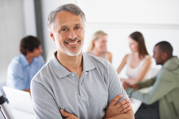 Image showing Business man, portrait and meeting with arms crossed, news team and journalist in boardroom. Mature person, happy leader and editor with group in modern office for workshop, creative and newspaper