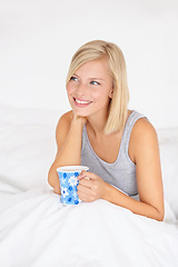 Image showing Morning, tea and woman thinking in bed and relax in home planning ideas for future. Girl, drink and smile with coffee in bedroom remember a dream on holiday or vacation with peace in apartment