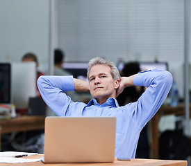 Image showing Mature, businessman and thinking by laptop at desk, planning and professional for technology in agency. HR, manager and idea by computer for connectivity in office, network and relax in workplace