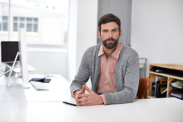 Image showing Businessman, portrait or serious at desk in modern office, professional or career pride in company. Accountant, face or confident as consultant auditing job or ambition for commitment in workplace