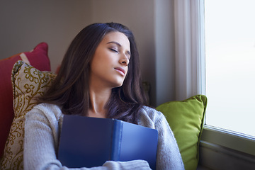 Image showing Woman, book and literature for sleeping or dreaming, home and fiction novel for knowledge. Female person, student and information for learning, burnout and tired from studying on weekend in house