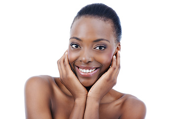 Image showing Skincare, smile or hands on face of black woman in studio for wellness or glowing skin on white background. Natural, beauty or portrait of happy female model with dermatology, shine or cosmetic space