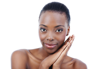 Image showing Woman, portrait and skincare for wellness beauty in studio for healthy cosmetics for dermatology, natural or white background. Black person, model and Kenya for glowing makeup, treatment or mockup