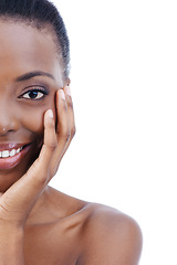 Image showing Woman, portrait and smile in skincare in studio or dermatology treatment, wellness or white background. Black person, model and face with mockup space for cosmetic health or makeup, shine or Kenya