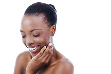 Image showing Happy, skin and black woman, natural beauty and cosmetics with wellness on white background. Dermatology, facial and clean makeup, mockup space and skincare, smooth and soft with shine in studio