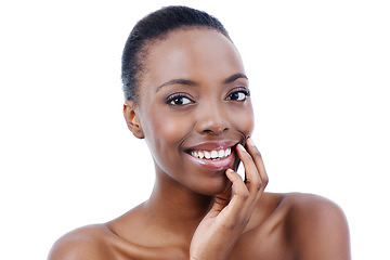 Image showing Happy, skin and face of black woman, beauty and natural cosmetics with wellness isolated on white background. Dermatology, facial and clean makeup with skincare, smooth and soft with shine in studio