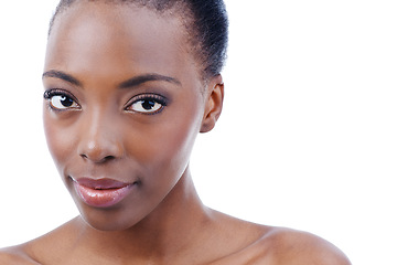 Image showing Portrait, beauty and wellness with natural black woman in studio isolated on white background for skincare. face, aesthetic and spa and confident young model with cosmetic treatment for dermatology