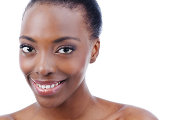 Image showing Portrait, beauty and smile with natural black woman in studio isolated on white background for skincare. Face, aesthetic or happy and confident young model with cosmetic treatment for dermatology