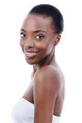 Image showing Skincare, dermatology and portrait of black woman with smile, natural makeup or facial glow in studio. Cosmetics, beauty and face of happy girl on white background for healthy skin, shine or wellness