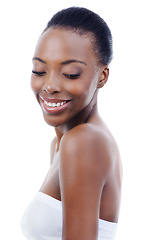 Image showing Beauty, relax and face of black woman in studio with smile, natural makeup or facial glow. Cosmetics, dermatology or skincare on happy girl on white background for healthy skin, shine or wellness.