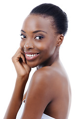 Image showing Skincare, beauty and portrait of black woman in studio with smile, natural makeup or facial glow. Cosmetics, dermatology and face of happy girl on white background for healthy skin, shine or wellness