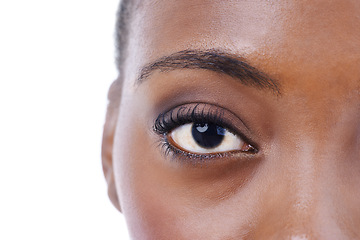 Image showing Half, face and eye of black woman closeup for beauty or dermatology in white background mockup. Skincare, portrait and African model with natural glow from makeup, cosmetics or facial in studio
