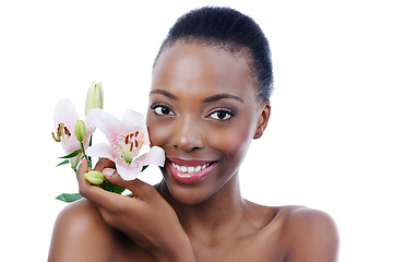 Image showing Black woman, flower and portrait with natural beauty, dermatology and skincare for glow and wellness on white background. Nature, skin and sustainable cosmetics, face with shine and orchid in studio