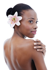 Image showing Black woman, skin and flower, thinking of beauty and wellness with dermatology and nature on white background. Orchid, eco friendly cosmetics and body care with natural and clean skincare in studio