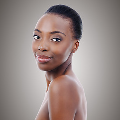 Image showing Skincare, dermatology and portrait of black woman in studio with smile, natural makeup or facial glow. Cosmetics, beauty and face of happy girl on grey background for healthy skin, shine or wellness