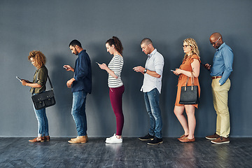 Image showing Businesspeople, job interview and waiting in line with technology or recruitment, onboarding or internet. Men, women and meeting diversity in queue or cellphone in office, human resources or hiring