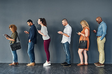 Image showing People, job interview and waiting in line with technology or recruitment, onboarding or online. Men, women and corporate diversity or cellphone in queue or business meeting, human resources or hiring