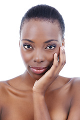 Image showing Woman, portrait and hand or natural skincare in studio or makeup beauty, cosmetics or self care. Black person, model and confidence or dermatology treatment on white background, Kenya or mockup space