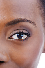 Image showing Half, eye and face of black woman closeup with vision and focus for optometry test or exam. Eyesight, portrait and African model with optical contact lenses, healthcare and ophthalmology perception