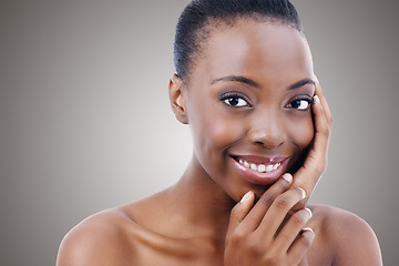 Image showing Cosmetics, beauty and portrait of black woman on mockup with smile, natural makeup or facial. Skincare, dermatology or face of happy model girl on grey background space for skin glow, shine and salon