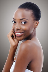 Image showing Smile, beauty and portrait of black woman in studio with skincare, natural makeup or facial glow. Cosmetics, dermatology and face of happy girl on grey background for healthy skin, shine or wellness.