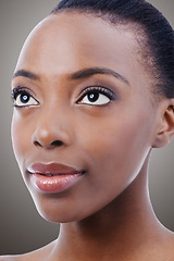Image showing Face, beauty and vision with aesthetic black woman in studio on gray background for wellness or relax. Skincare, makeup or cosmetology with confident young model at spa for natural dermatology