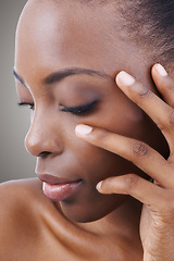 Image showing Skincare, beauty and black woman closeup with nails for self care in studio background or salon. Facial, makeup and African model with natural glow on skin and hand from cosmetics or dermatology