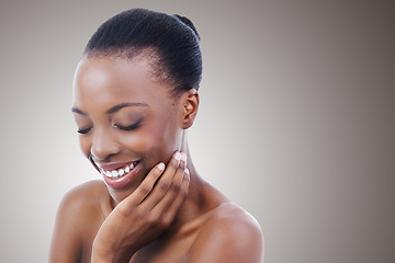 Image showing Beauty, skincare and black woman in mockup, studio background or confidence in salon. Nails, makeup and model smile with healthy natural glow on skin and hands from cosmetics or dermatology