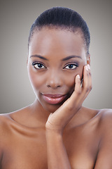 Image showing Beauty, portrait and black woman with skincare and dermatology on studio grey background or salon. African, model and natural makeup with healthy glow on skin from self care, cosmetics or facial
