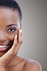 Image showing Half, face and portrait of black woman with beauty, makeup and skincare in salon, background or mockup. Happy, model and natural glow on nails and skin from cosmetics, dermatology and facial