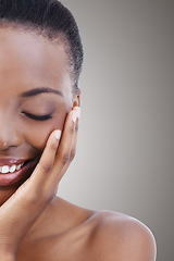 Image showing Half, face and black woman closeup for beauty, nails and manicure in salon, background or mockup. Makeup, skincare and model with natural glow on skin and hands from cosmetics or dermatology facial