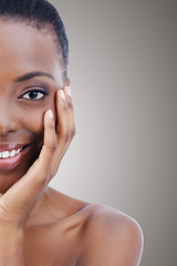 Image showing Half, face and portrait of black woman for beauty, skincare and nails in salon, background or mockup. Makeup, closeup and model with natural glow on skin and hands from cosmetics or dermatology