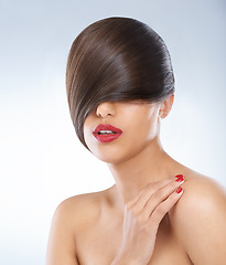 Image showing Hair, beauty and hand of woman with manicure in studio on white background for keratin treatment. Face, salon and nails with confident young haircare model for shampoo, cosmetics or hairdressing