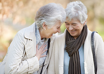 Image showing Senior women, talking and laughing in nature for reunion, together and funny chat on vacation in outdoor. Elderly friends, social and silly discussion on travel adventure in england and care in park