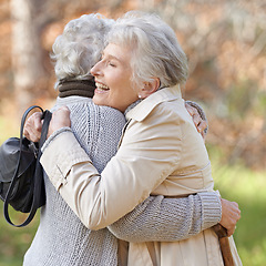 Image showing Nature, happy and elderly friends hugging for support, bonding or care in outdoor park or garden. Love, smile and senior women in retirement embracing for greeting, connection or trust in field.