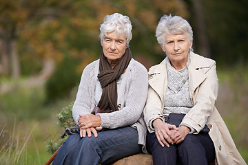 Image showing Senior women, friends and portrait in nature, support and bonding together in outdoors. Elderly people, retirement and serious face in garden, park and relaxing on vacation or holiday to Netherlands