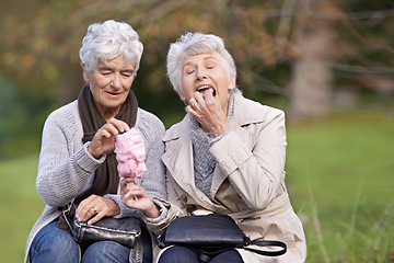 Image showing Senior women, eating and hungry in nature with candy floss, together and relax on retirement in outdoor. Elderly friends, happy and junk food on vacation in countryside, bonding and social in park