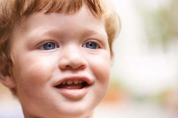 Image showing Toddler, outdoor and face of happy kid in garden, nature or park for fun freedom or playing in backyard. Blur, excited boy and curious male baby outside for child development, smile or growth alone